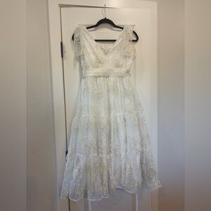 Lulus White & Gold Embroidered Midi Dress Bridal Wedding Shower Small